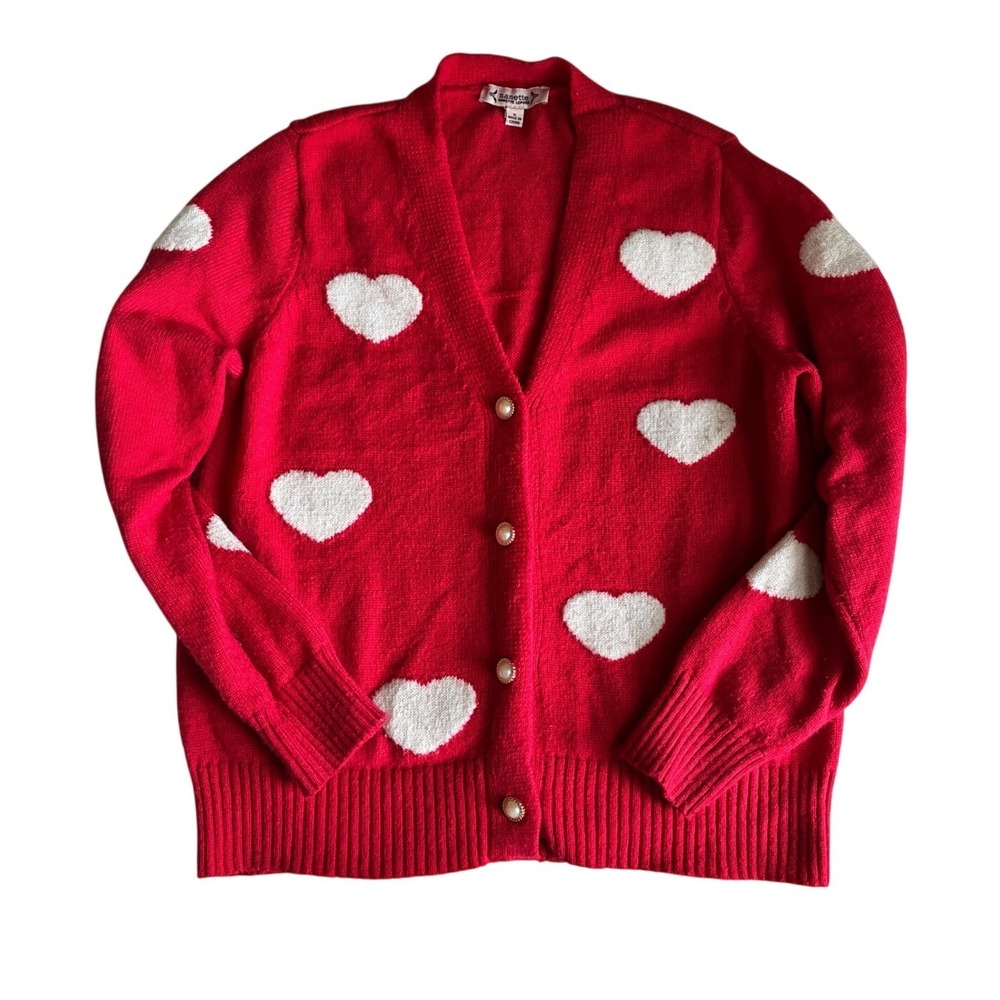 Nanette Lepore Red Heart Intarsia Cardigan Sweater Pearl Button Romantic Small